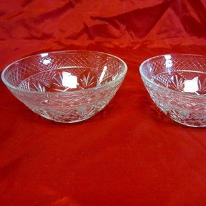 VTG 60'S PRESSED GLASS SOUP/SERVING BOWLS, CROSS CUTS & PALM FRONDS, PAIR